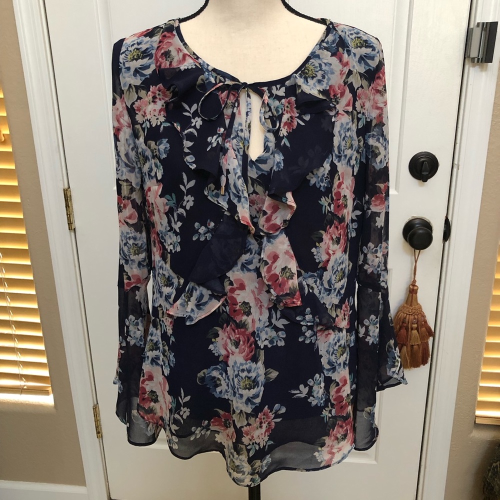 WHBM Top with Flutter sleeves and tie at the neck. Size 10